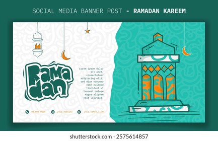 Ramadan kareem. Banner template with cartoon lantern design with arabic letters in white and green background. good template for ramadan campaign