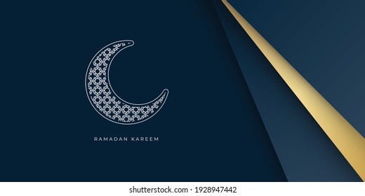 Ramadan Kareem Banner template with crescent moon and golden line decoration. Greeting card for Eid mubarak, dark blue and gold ramadan background