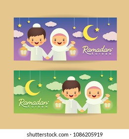 Ramadan kareem banner template. Cute cartoon muslim kids holding lantern with crescent moon, stars and clouds. Vector illustration. Ramadan Kareem means Ramadan the Generous Month.
