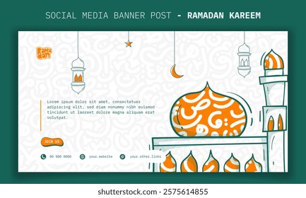 Ramadan kareem. Banner template design with mosque in cartoon line art and arabic letters background. Good template for ramadan advertisement