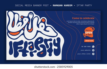 Ramadan kareem. Banner template design for ramadan iftar party with arabic typography in blue white design. arabic text mean is iftar party. ramadan iftar party campaign