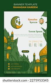 Ramadan kareem banner template in portrait with mosque and crescent moon in green leaves background