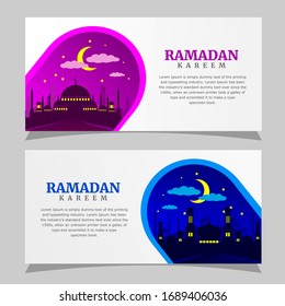 Cartel de Ramadan kareem con dos versiones de mezquita. Perfecto para tarjetas y banners