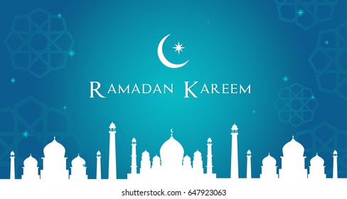 Ramadan Kareem Banner Vector illustration, Night view of the Crescent moon and mosque.