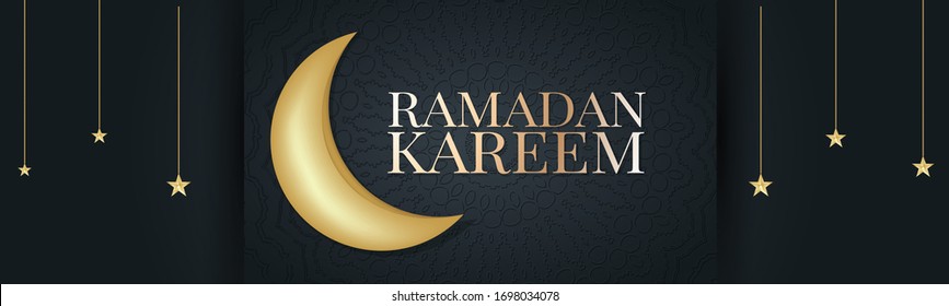 Cartel o encabezado del sitio web Ramadan Kareem. Concepto de fiesta religiosa árabe. Colgando luna de oro y estrellas sobre fondo negro. Ilustración vectorial con letras.