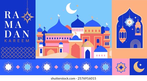 Ramadan kareem banner.Greeting Ramadan card for traditional muslim holiday with moon, mosque dome,desert landscape, lanterns,lamp,crescent.Islamic greeting poster. Template for design,media,web.Vector