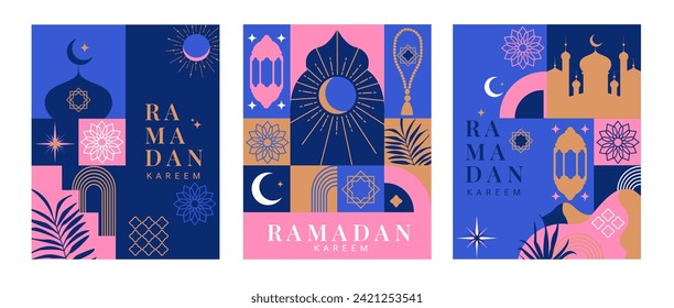 Ramadan Kareem Banner, Flyer. Gruß Ramadan Mubarak Karten für traditionelle muslimische Feiertage mit Symbollampe, Moschee, Crescent, Rosenkranz für fröhliche Feier. Vorlage für Medien, Web. Vektorgrafik