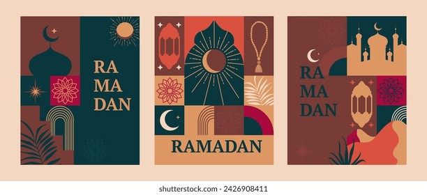 Pancartas, volantes de Ramadán Kareem. Tarjetas de felicitación para la fiesta musulmana tradicional con símbolos lámpara, mezquita, media luna, rosario para la celebración feliz. Afiche de saludo islámico, plantilla para medios de comunicación, web. Vector