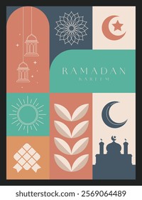 Ramadan Kareem banners and flyers. Greeting Ramadan Mubarak cards for the traditional Muslim holiday with symbols like lamp, mosque, crescent for a joyful celebration. Template for media and web.