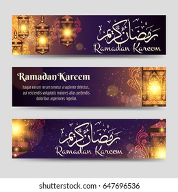 Ramadan Kareem banners template with lamp, lights and calligraphy. Vector illustration