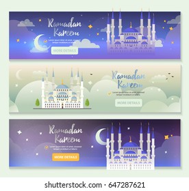 Ramadan Kareem banners template. Web muslim horizontal banner, islamic holiday greeting card. Vector Illustration for Muslim holy month Ramadan Kareem. Muslim feast. 