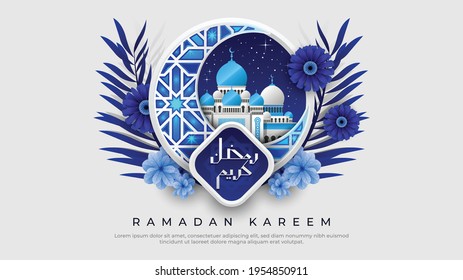 Ramadan Kareem with Beautiful Blue Crescent Moon and Mosque