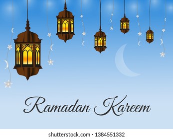 Ramadan Kareem in beautiful blue sky with hanging Arabic lanterns and decorations