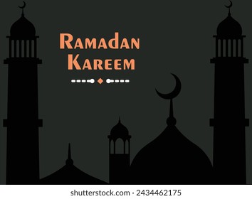 Ramadan Kareem Beautiful English Text and Black Colour Mosque Vector Illustration for Muslims Islamic Month on Dark Background. Calligraphy For The Holy Month of Fasting for Muslims in Orange Colour.