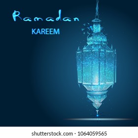 Ramadan Kareem beautiful greeting card with traditional Arabic lantern fanoos. Eid Mubarak Eid al fitr muslim traditional holiday. Eid-al-fitr ramadan kareem postcard. Low poly vector illustration. 3D