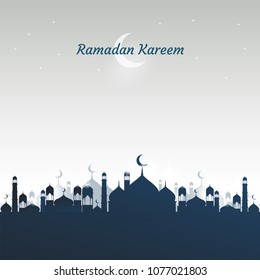 Ramadan Kareem beautiful greeting card. Ramadan Kareem background with moon, stars, lantern, mosque in the clouds.