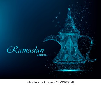 Ramadan Kareem beautiful greeting card with Arabic coffee. Usable for invitation, flyer, banner. Polygonal vector illustration for holiday.