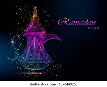 Ramadan Kareem beautiful greeting card with rainbow Arabic coffee. Usable for invitation, flyer, banner. Polygonal vector illustration for holiday