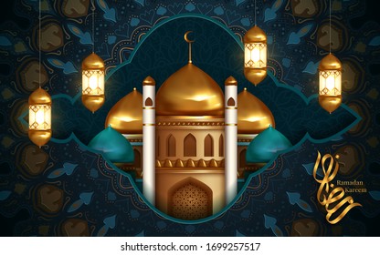 Ramadan Kareem beautiful greeting card with arabic calligraphy which means Ramadan kareem. islamic background with mosques suitable also for Eid Mubarak. Vector Illustration