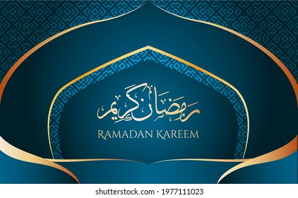 Ramadan Kareem beautiful greeting card with arabic calligraphy which means ''Ramadan kareem '' islamic background with islamic ornament and mosaic pattern suitable also for Eid Mubarak.