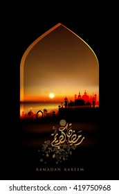 Ramadan Kareem beautiful greeting card with arabic calligraphy which means ''Ramadan kareem ''- Desert sunset landscape 
