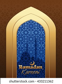 Ramadan Kareem. Beautiful greeting card for holy month Ramadan. Mosque at night. Vector illustration