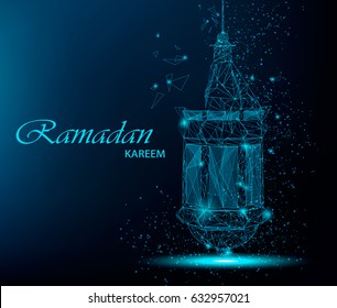 Ramadan Kareem schöne Grußkarte mit traditionellen arabischen Laternenfanoos. Polygonale Kunst auf blauem Hintergrund. Eid Mubarak Eid al fitr muslim traditionellen Urlaub. Eid-al-fitr ramadan kareem Postkarte