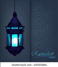 Ramadan Kareem beautiful greeting card with traditional Arabic lantern fanoos on blue background. Ramadan Kareem and Eid Mubarak. Eid al Fitr muslim traditional holiday. Vector.