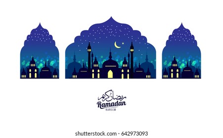 Ramadan Kareem. Beautiful greeting card. Scene with Mosque or Masjid. flat design elements. vector illustration