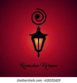 Ramadan Kareem beautiful lettering calligraphic.Black text with illuminated arabic lamp light. Calligraphy inscription holiday card on a red background. Vector illustration EPS 10