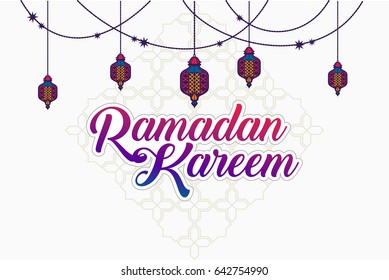 Ramadan Kareem Beautiful Text Calligraphy Typography with Ornamental Background and Lantern great for Greeting Card, Banner, Poster and Invitation of Muslim Celebration Festival