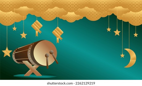 ramadan kareem ramadan bedug golden ketupat eid golden month fasting month gold stars background. as posters, banners, Eid cards, Ramadan kareem cards, card printing and others. vector illustration