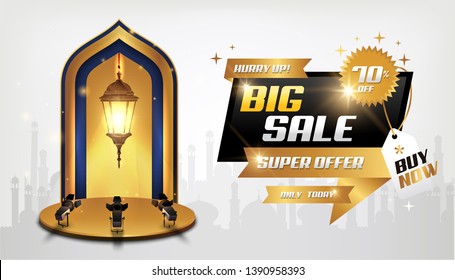 ramadan kareem big sale with mosque islam arab illustration - Creative design greeting card, website header and banner, poster. Traditional Islamic holy holiday