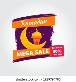 Ramadan kareem Big Sale template with 30% discount offer . Illustration vector graphic. Design concept flat mosque with Abstract Brush Stroke. Perfect for Greeting Card, Sticker, Poster, Banner