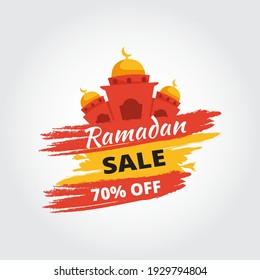 Ramadan kareem Big Sale template with 70% discount offer . Illustration vector graphic. Design concept flat mosque with Abstract Brush Stroke. Perfect for Greeting Card, Sticker, Poster, Banner