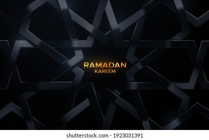 Ramadan Kareem. Black arabic pattern. Vector 3d illustration. Realistic woven frame. Girih ornament. Islamic geometry. Black metal vintage rosette. Decorative background for design
