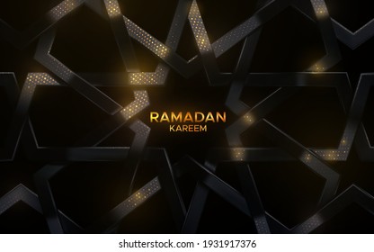 Ramadan Kareem. Patrón árabe negro con brillantes dorados. Ilustración vectorial 3d. Marco trenzado realista. Ornamento Girih. Geometría islámica. Rosette vintage de metal negro. Fondo decorativo