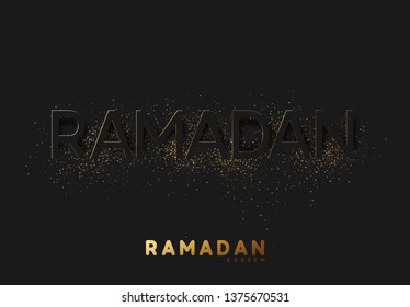 Ramadan Kareem black background with embossment text sprinkled with golden shiny powder of dust and sand.