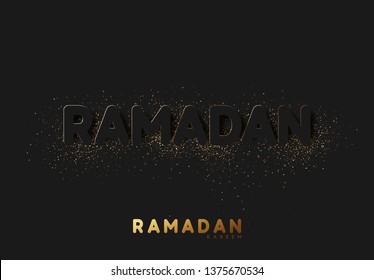 Ramadan Kareem black background with embossment text sprinkled with golden shiny powder of dust and sand.