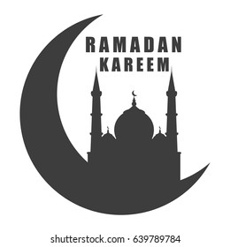 Ramadan kareem black icon silhouette mosque on crescent moon isolated.