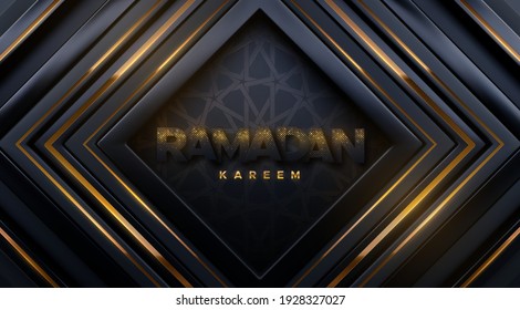 Ramadan Kareem. Black paper sign with golden glitters on luxury geometric background with girih pattern. Vector 3d illustration. Islamic holiday banner. Religious event