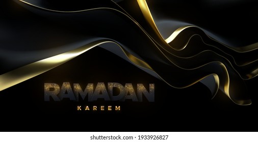Ramadan Kareem. Black paper sign with golden glitters and luxury silky fabric. Vector 3d illustration. Islamic holiday banner. Religious event