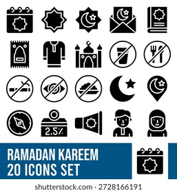 Conjunto de iconos sólidos negros de Ramadán Kareem, ayuno islámico, oración, mezquita, luna, Iftar y símbolos de Eid