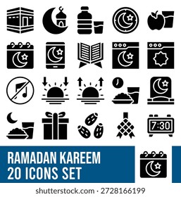 Ramadan Kareem Black Solid Icons Set, Iftar, Suhoor, Quran, Mond, Kaaba, Gebet und islamische Symbole