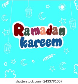 Ramadan Kareem blue color background with moon, stars, lanterns, clouds. Ramadan mubarak Greeting Card, invitation for Muslim community. Vector illustration in line style.
