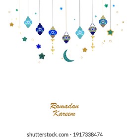 Ramadan Kareem blue and gold with hanging lamps, crescents and stars. Traditional lantern of Ramadan greeting card background