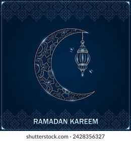 Ramadan Kareem blue greeting card with hand drawn linear silver crescent moon and shiny Arabic lantern. Square banner with outline Muslim crescent, lamp and arabesque pattern as frame for Eid Mubarak