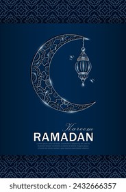 Ramadan Kareem blue greeting card with hand drawn linear silver crescent moon and shiny Arabic lantern. Square banner with outline Muslim crescent, lamp and arabesque pattern as frame for Eid Mubarak