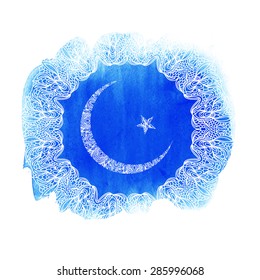 Ramadan Kareem.  Blue greetings background. Vector watercolor illustration. Ornament. Crescent and star.