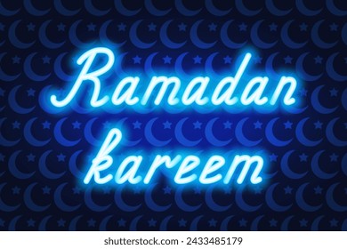 Ramadan Kareem. Blue neon lettering. Glowing holiday text. Color vector illustration. Blue background from moon and star. Congratulations on Ramadan. Idea for web design.